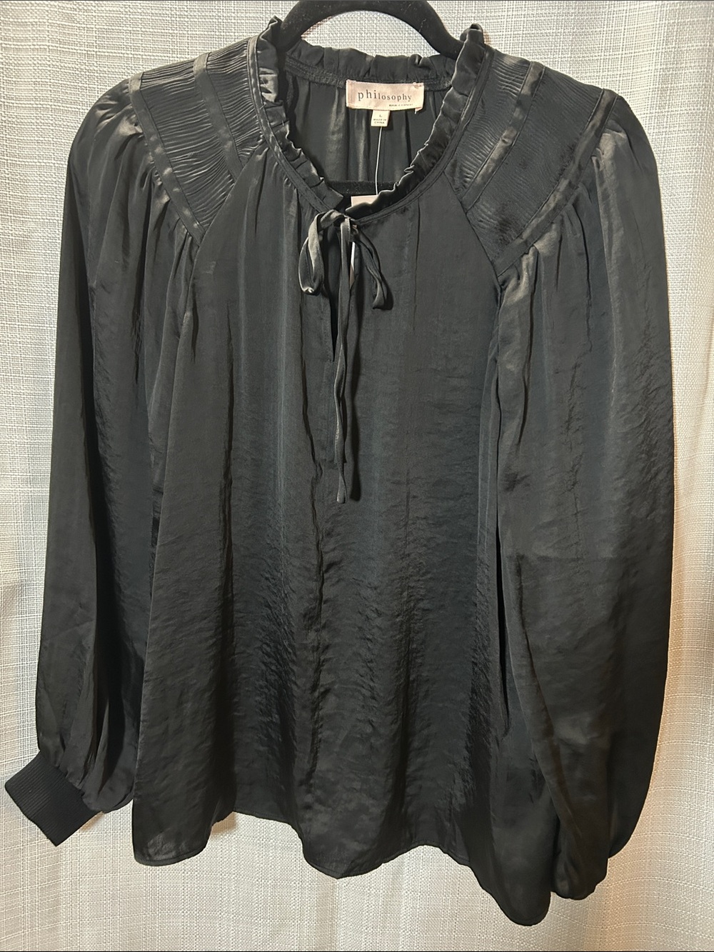 Philosophy Black Satin Tie-Neck Peasant Blouse